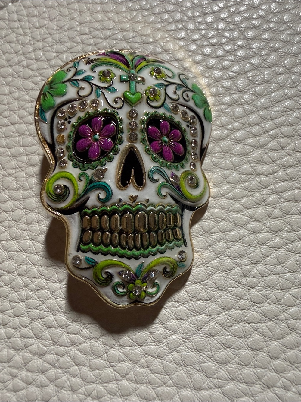 Decorative Sugar Skull Brooch - White and Green